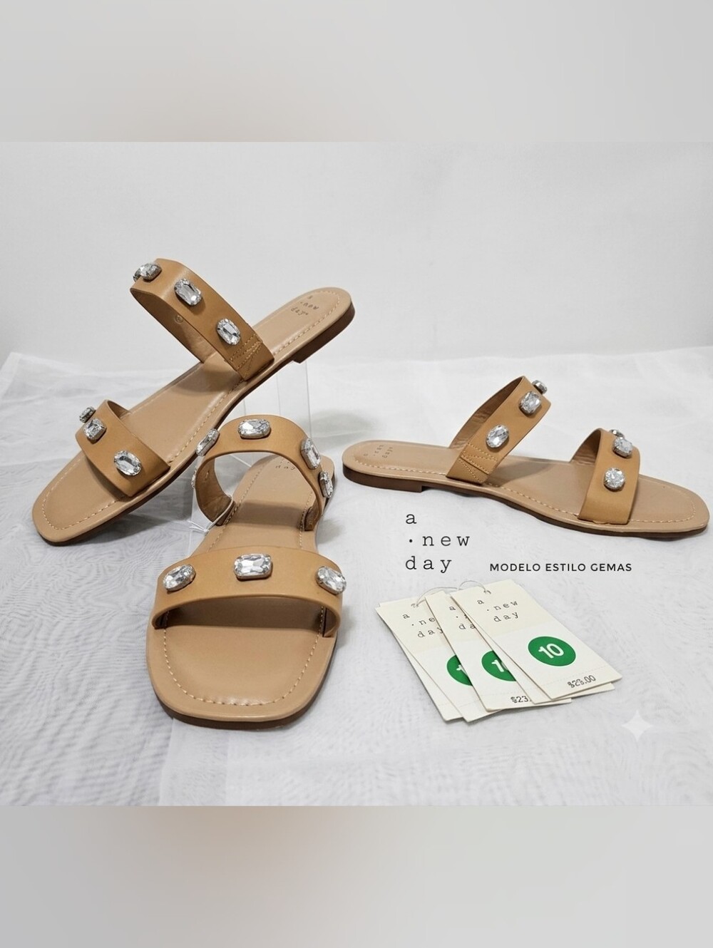 a new day Tan Jeweled Double-Strap Slide Sandals